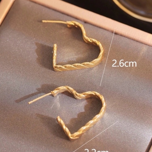Gold Twist Heart Cuff Hoop Earrings, Unique, Funky - Picture 5 of 16